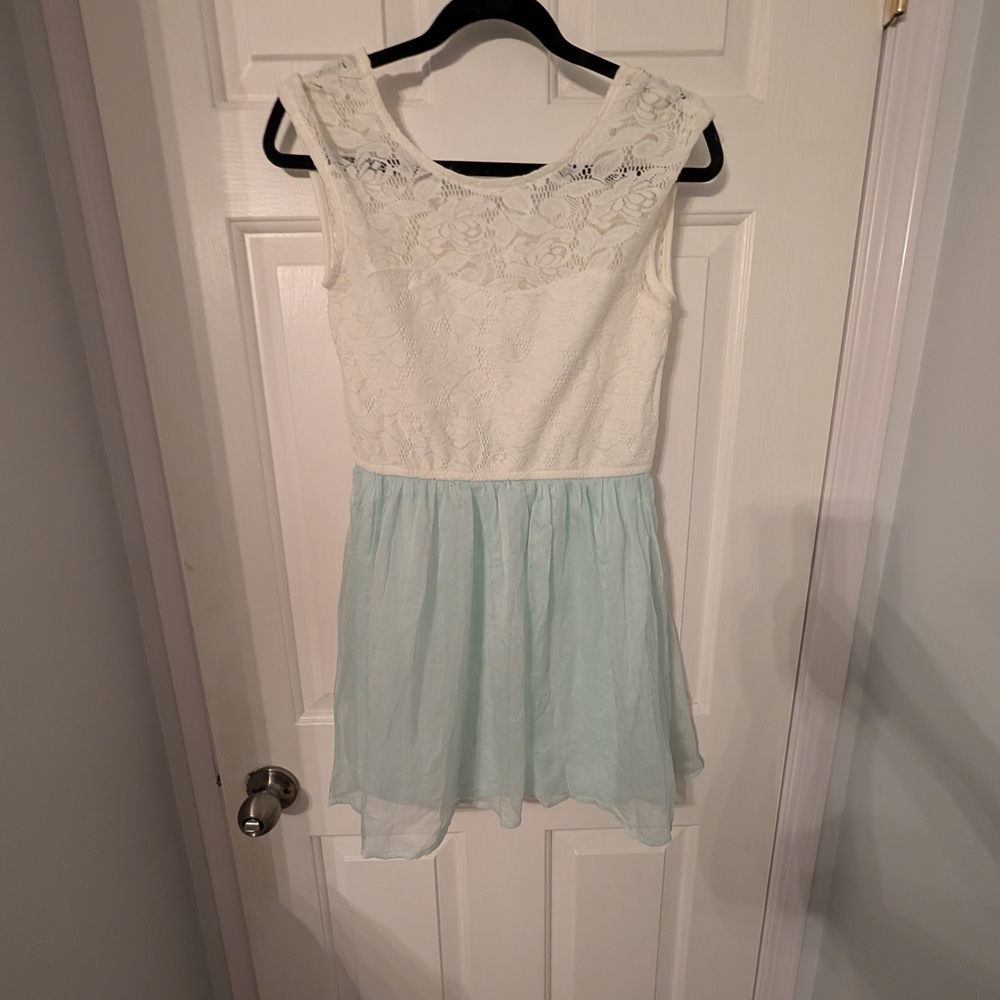 Charming White and Light Blue Lace Kids Dress